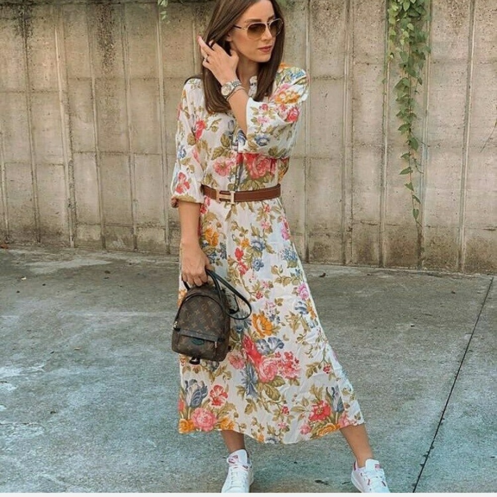 ZARA ECRU FLORAL PRINT MIDI FLOWING DRESS SIZE SMALL
